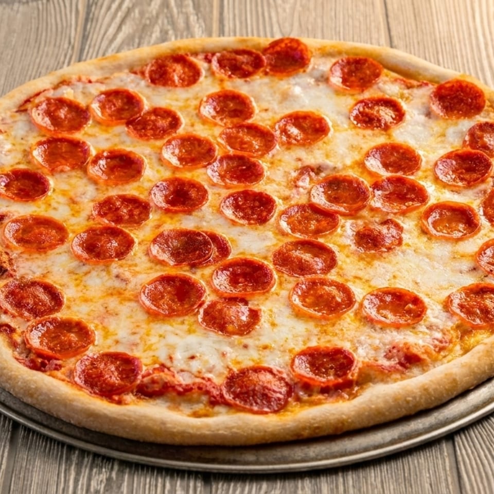 A whole pepperoni pizza with melted cheese on a metal pan, on a wooden table.