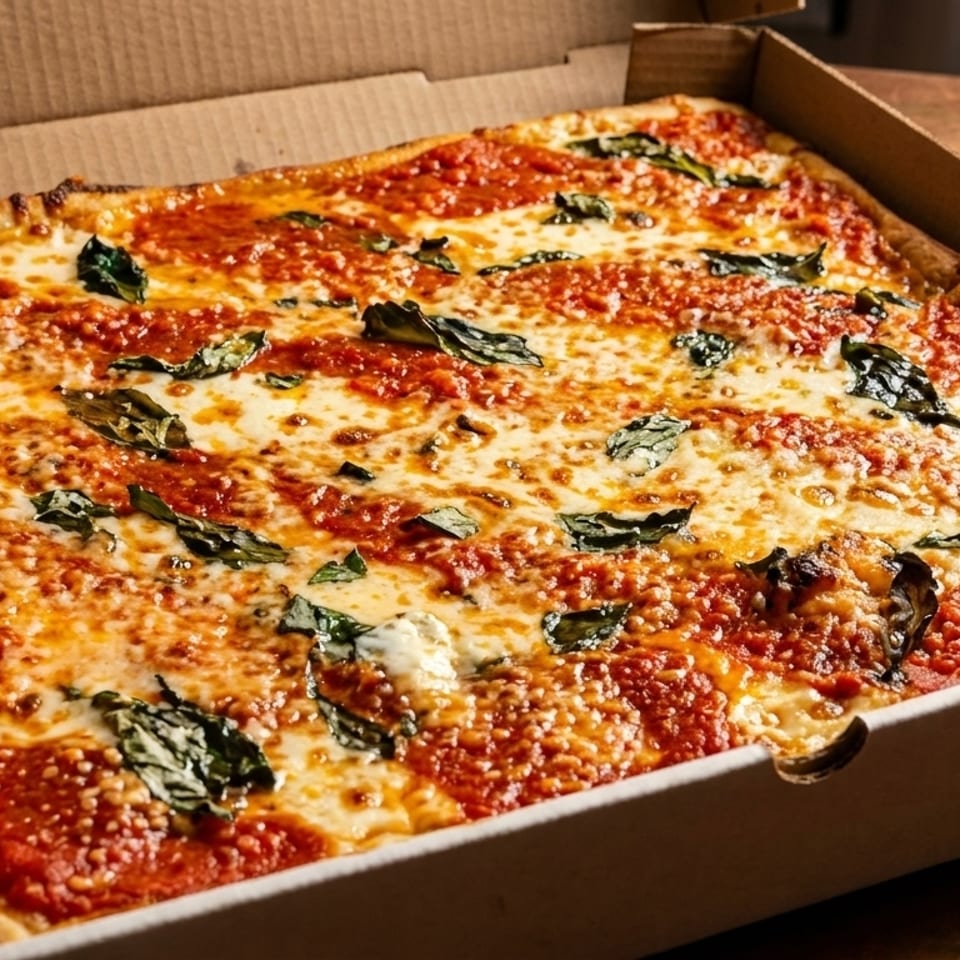 A rectangular pizza with melted cheese, red sauce, and basil leaves in a cardboard box.