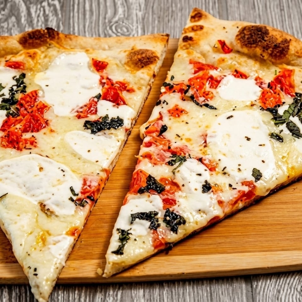 Two slices of Margherita pizza with fresh mozzarella, diced tomatoes, and basil on a wooden board.