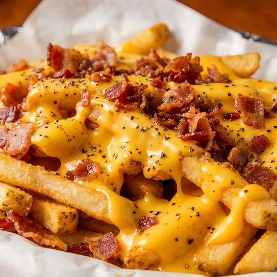 Golden french fries generously topped with melted cheese, crispy bacon bits, and black pepper.
