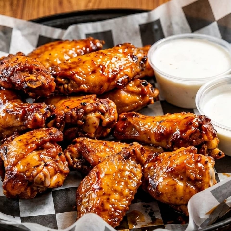 A basket of glossy, saucy chicken wings with two small cups of ranch dressing on checkered paper.